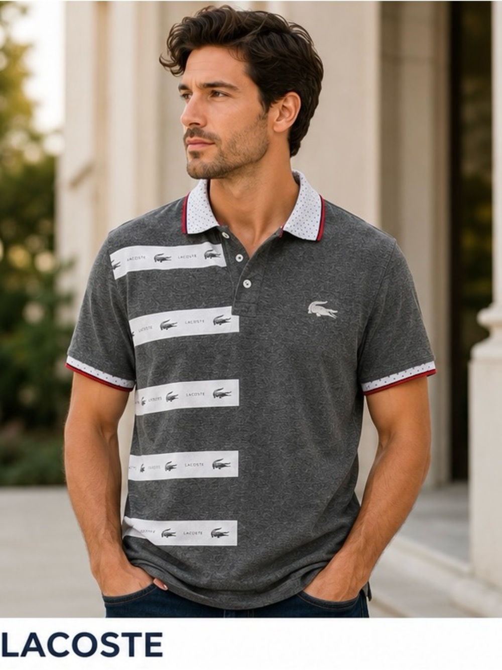 Lacoste Men’s Polo Shirt | Size 4 (Fits Medium) | Gray Logo Print | France
